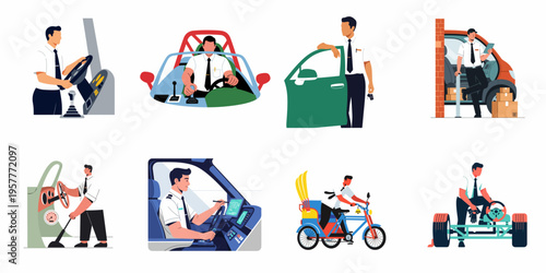 Set of professional drivers and delivery workers in uniform operating various vehicles including cars, trucks, and rickshaws, illustrated in a flat vector style.