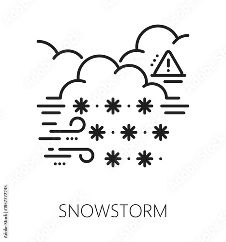 Snowstorm natural disaster, world destruction line icon. Environmental disaster thin line sign, snowstorm cataclysm vector icon. Natural destruction accident symbol with snowflakes in wind and clouds