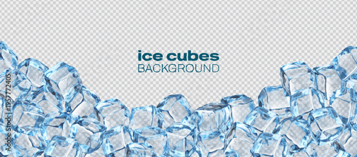 Crystal ice block cubes realistic background. Transparent ice cubes backdrop, crystal ice blocks realistic vector background. Frozen water crystal 3d banner, translucent frozen wallpaper or cover