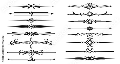 Vintage divider lines, elegant frame separate borders decor with vector ornaments of flowers and scrolls. Vintage page decoration and calligraphy elements set of filigree celtic tribal divider lines
