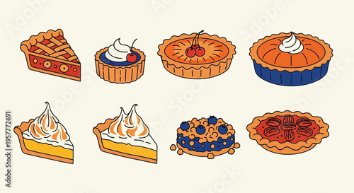 Eight stylized illustrations of different pies and tarts arranged in two rows