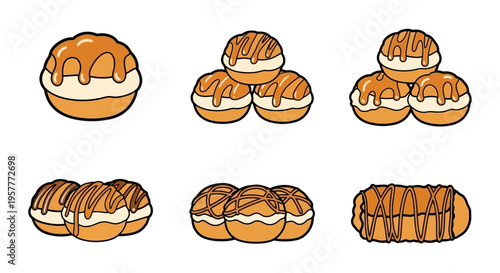 Six arrangements of carameltopped creamfilled pastries on a white background