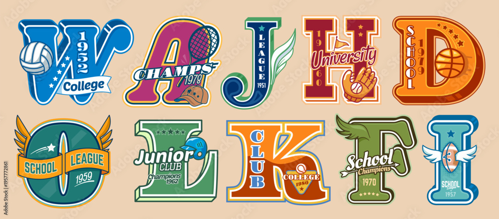 Fototapeta premium Varsity sport patch labels, college or university club letters badges set. Vector basketball, baseball and american football, volleyball and rugby balls, glove, cap letters, varsity patches and prints