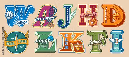 Varsity sport patch labels, college or university club letters badges set. Vector basketball, baseball and american football, volleyball and rugby balls, glove, cap letters, varsity patches and prints