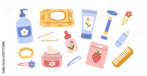 Modern cartoon woman skincare and hair set