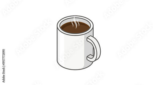 A white ceramic mug filled with hot, dark coffee, presented in a simple isometric illustration style