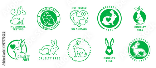 Cruelty free icons with green white rabbit animals and hearts vector silhouettes. Cute rabbit or bunny in round frames isolated icons set for cruelty free labels and not tested on animals stamps