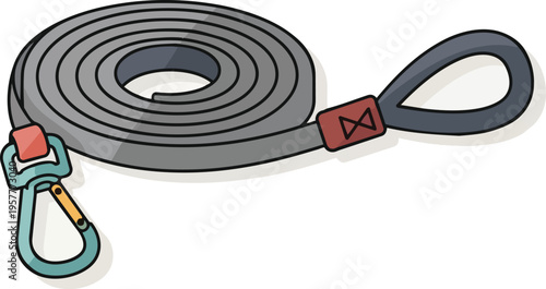 A hand-drawn illustration of a coiled grey leash with a black handle loop and a light blue carabiner clip, suitable for pets or general utility.