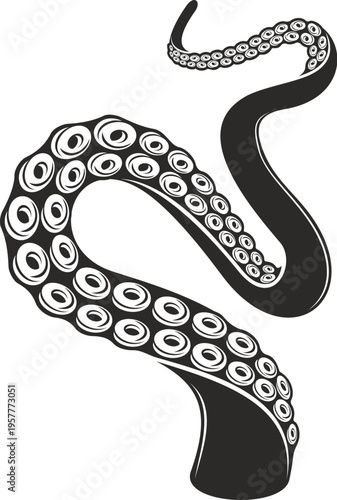 Octopus or kraken animal tentacle black tattoo or decor. Octopus animal tentacle black sticker, kraken monster leg with suckers graphic vector tattoo. Squid fantasy creature arm abstract decoration