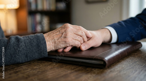 Senior Person Hand Placed Over Young Professional Hand on Leather Document Folder, Concept of Wealth Transfer, Legacy Planning, Mentorship and Business Succession