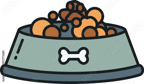An illustration of a light blue pet food bowl filled with dry kibble, featuring a white bone icon on the front, set against a plain background.
