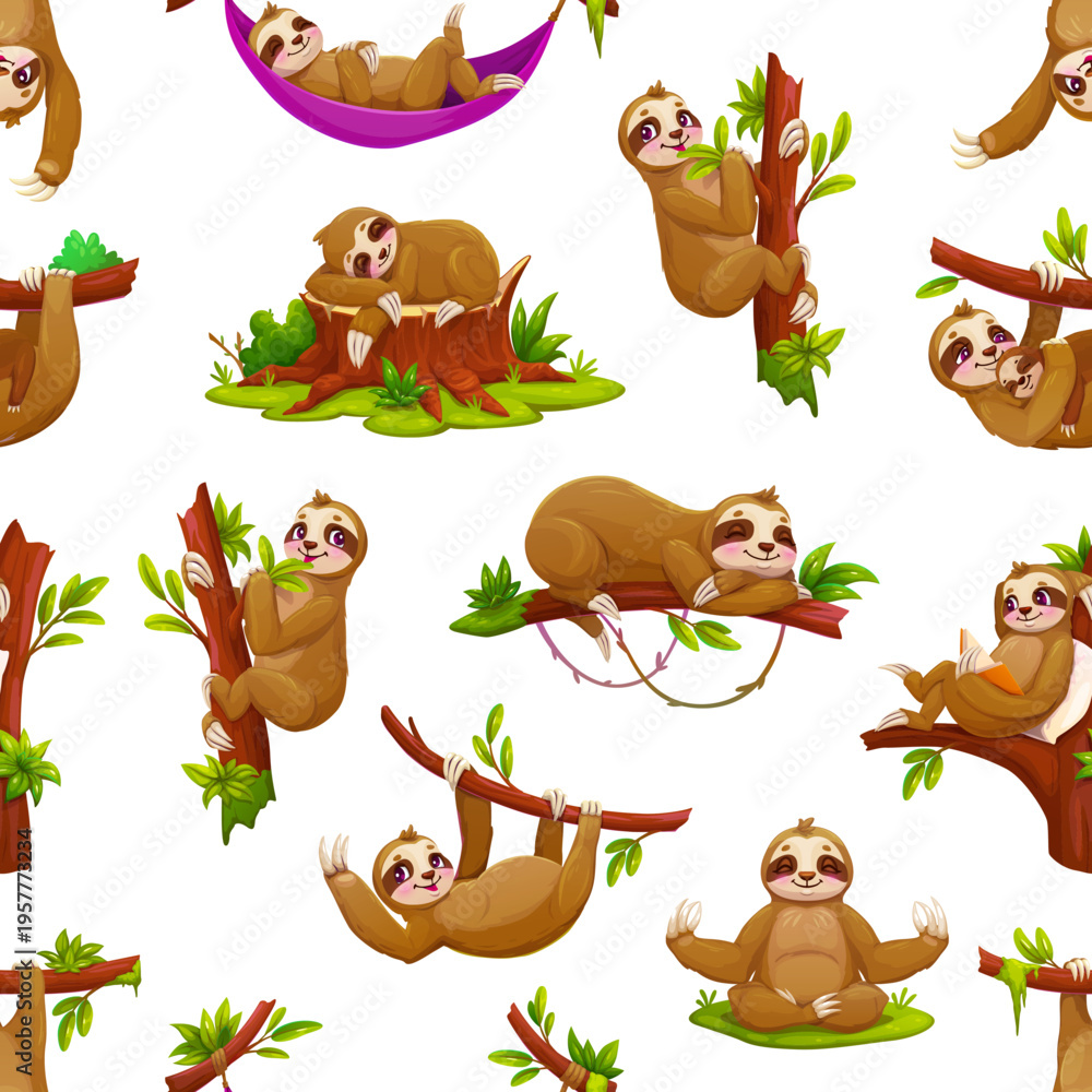 Obraz premium Lazy sloth animal characters seamless pattern of cartoon cute bears on jungle tree branches. Funny rainforest animals vector background of sloths sleeping, hugging baby, reading book and doing yoga