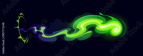 Cartoon green glowing game gun effect or magic power wave, wizard glow vfx light. Vector abstract neon flow with smoke and sparkle, blast trail and glow. Sorcerer magical attack, fantasy spell energy.