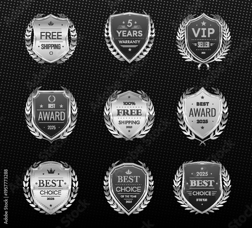 Silver heraldic shield badges and award labels in laurel wreath vector frames. Warranty and premium quality certificate seals, VIP seller award or trophy, best choice and free shipping shield badges