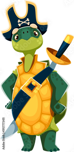 Cartoon sea turtle animal pirate vector character. Corsair personage wears tricorn hat, sash across the chest and carries sword by the side. Swashbuckling tortoise sailor personage ready for adventure