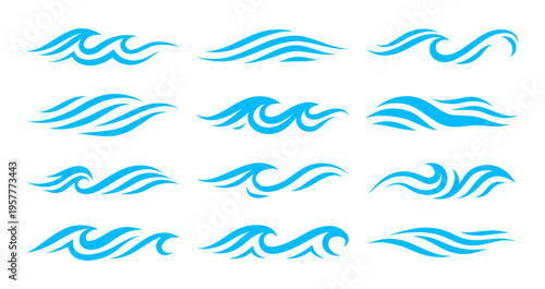 Sea and ocean blue vector water wave icons with smooth curves and flowing lines. Tsunami and surf, motion and foamy wave shapes of marine wavy curls with ocean water ripple splashes and flows