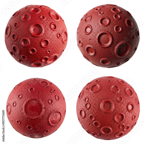 Four red planets with craters on transparent background