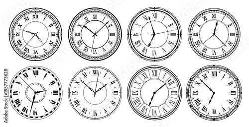 Vintage clock face with Roman numerals, ornamental border frames and elegant clock hands, vector icons. Vintage clock face in steampunk art or history and retro design of stopwatch chronometer
