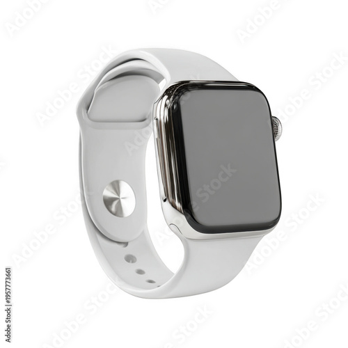 Apple watch series 8 with white band and silver case isolated on transparent background