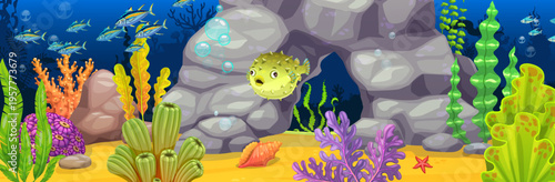 Underwater landscape game background with fugu fish. Cartoon vector game level scene with aquatic habitat and ocean ecosystem, sea coral reef, pufferfish, fish school, rock cave and tropical seaweeds
