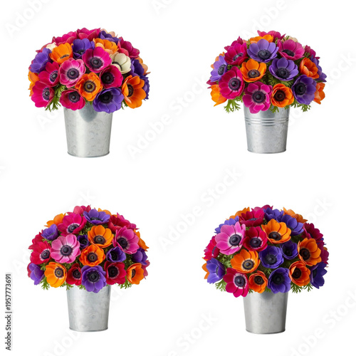 Four bouquets of colorful anemone flowers in metal pots