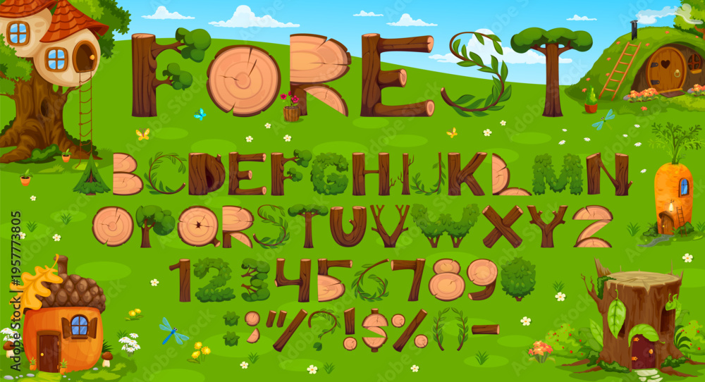 Fototapeta premium Wooden log font, cartoon wood stump and bush typeface. Vector alphabet with forest themed letters, punctuation symbols and numbers. Funny typeset characters made of tree trunks, stumps and leaves