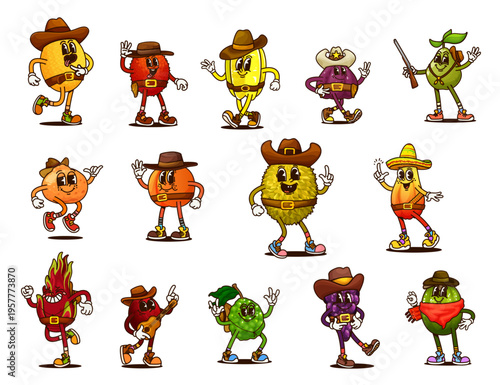Cartoon groovy fruit food cowboy, sheriff and bandit characters. Vector retro groovy berries of funny papaya, peach, carambola and jackfruit, y2k cute lychee and feijoa characters with Wild West hats