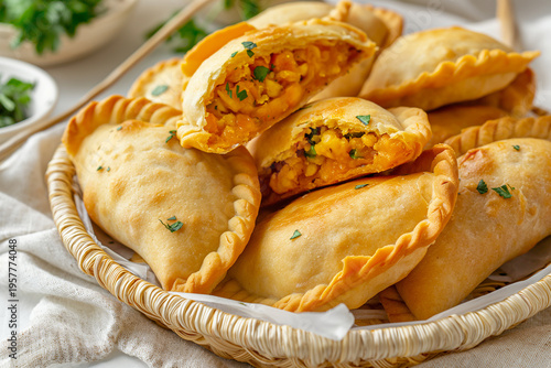 Golden empanadas sit in a wicker basket