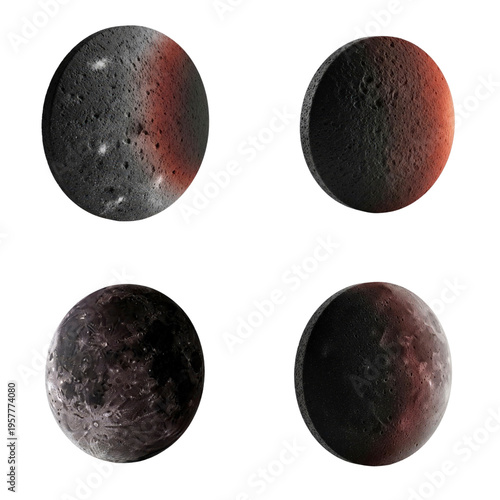 Four planets with red glow isolated on white