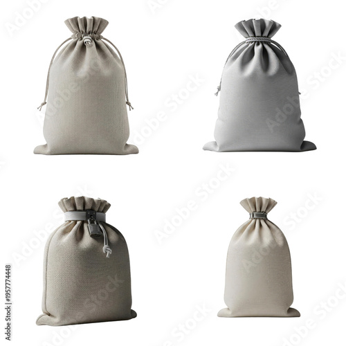 Four fabric drawstring bags isolated on white