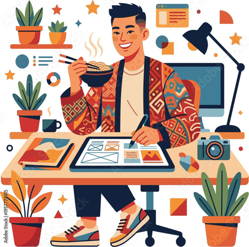 Man working at desk with laptop.