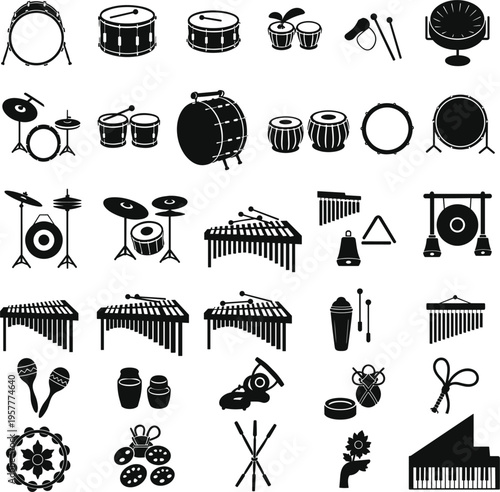 Percussion Musical Instruments Icon Set with Drums, Cymbals, Maracas, Xylophone, Gong, and Rhythm Instruments for Music and Education Design