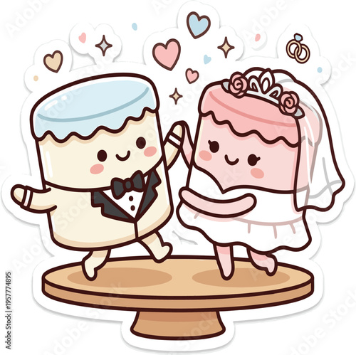 Cartoon cake wedding couple dancing.