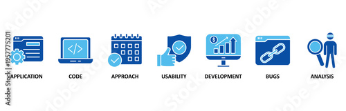 Software testing icon set illustration contain application, code, approach, usability, development, bugs and analysis.