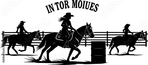 A vector silhouette of a rodeo cowgirl barrel racing.
