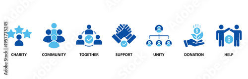Volunteering icon set illustration contain charity, community, together, support, unity, donation and help.