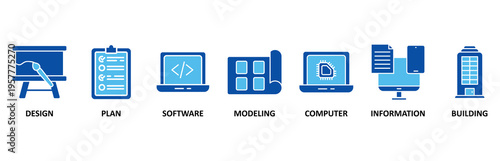 BIM icon set illustration contain design, plan, software, modeling, computer, information and building.
