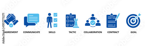 Negotiation icon set illustration contain agreement, communicate, skills, tactic, collaboration, contract and goal.
