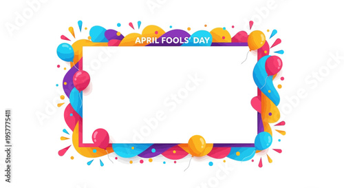 Colorful April Fools Day social media frame with cartoon icons and characters in a celebratory border design