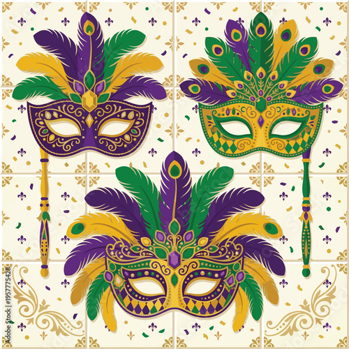 Mardi Gras Masks Colorful Feathers.