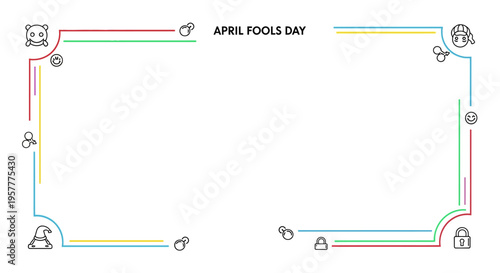 Colorful April Fools Day social media frame with icons and emoticons on a white background for business celebration