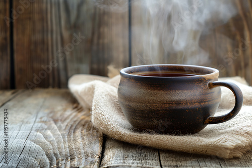 Steamy dark mug sits on burlap