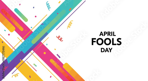 Colorful April Fools Day social media frame with vibrant geometric shapes and icons on a white background, ideal for celebration and business promotions