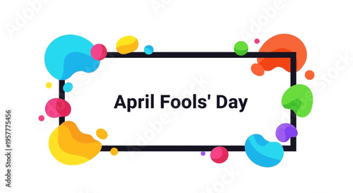 Colorful April Fools' Day social media frame with icons and symbols in a playful cartoon illustration design for business celebration
