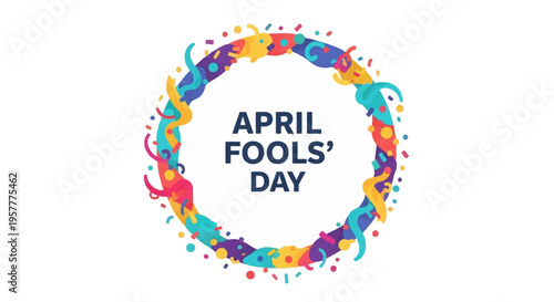 Colorful April Fools' Day social media frame with cartoon characters and icons in a circular border design