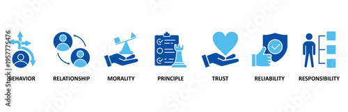 Business ethics icon set illustration contain behavior, relationship, morality, principle, trust, reliability and responsibility