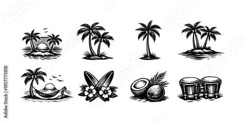 Tropical island icons featuring palm trees, surfboards, coconuts, and bongo drums