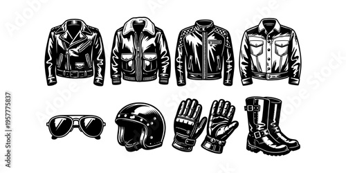 Collection of classic motorcycle apparel and accessories in a black and white illustration style