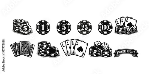 Casino game icons including poker chips, playing cards, dice, and a poker night banner