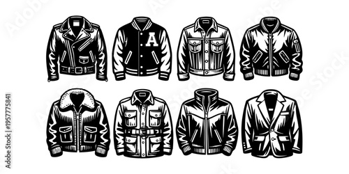 Collection of eight distinct jacket styles in a black and white graphic illustration